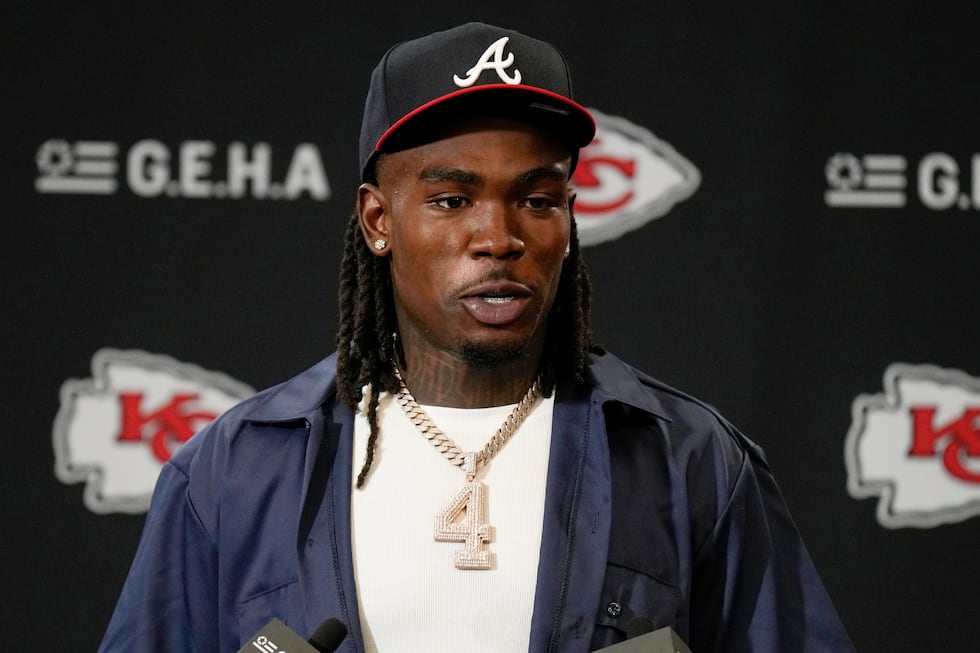 FILE - Kansas City Chiefs wide receiver Rashee Rice speaks during a news conference following...
