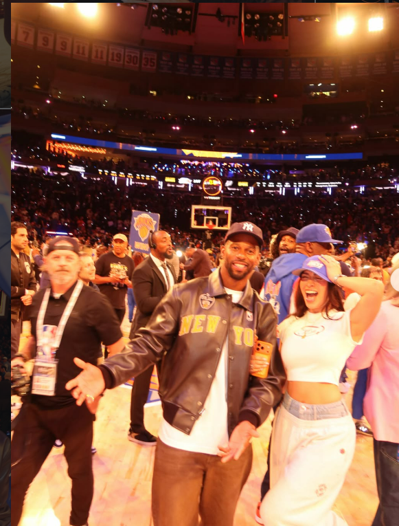 Victor Cruz and Orange Calderon at Game 4 of the NBA Finals series between the Knicks and Spurs.