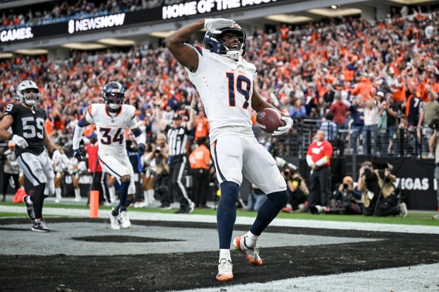 Marvin Mims Jr. (19) of the Denver Broncos celebrates returning a punt for a touchdown against the Las Vegas Raiders during the second quarter at Allegiant Stadium in Las Vegas, Nevada on Sunday, Dec. 7, 2025. (Photo by AAron Ontiveroz/The Denver Post)