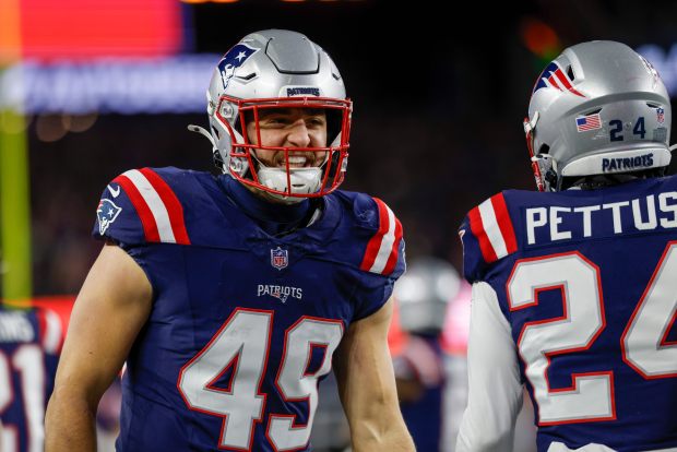 New England Patriots linebacker Chad Muma (49) reacts during the second half of an NFL wild card playoff football game against the Los Angeles Chargers, Sunday, Jan. 11, 2026, in Foxborough, Mass. (AP Photo/Greg M. Cooper)