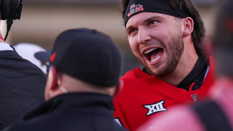 Texas Tech's Brendan Sorsby talks to coaches during the spring football game, Friday, April 17, 2026, at Jones AT&T Stadium.