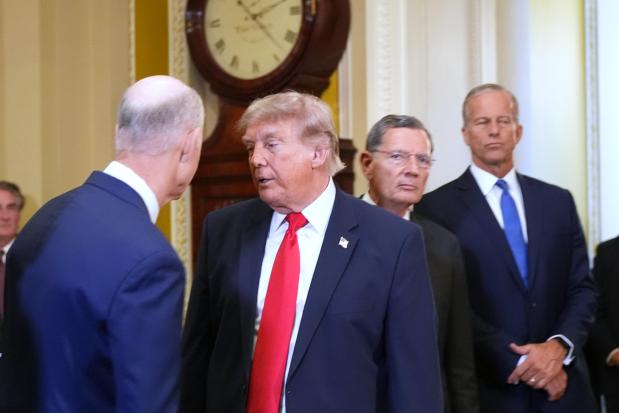 President Donald Trump turns to depart after speaking with reporters as Sen. Rick Scott, R-Fla., from left, Sen. John Barrasso, R-Wyo., and Senate Majority Leader John Thune, R-S.D., listen on Capitol Hill, Wednesday, June 24, 2026, in Washington. (AP Photo/Jacquelyn Martin)
