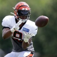 Cincinnati Bengals wide receiver Damion Willis (9) completes a catch during Cincinnati Bengals training camp practice, Wednesday, July 31, 2019, at the practice fields next to Paul Brown Stadium in Cincinnati. Cincinnati Bengals Training Camp July 31