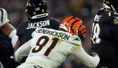 Nov 16, 2023; Baltimore, Maryland, USA; Cincinnati Bengals defensive end Trey Hendrickson (91) sacks Baltimore Ravens quarterback Lamar Jackson (8) in the first quarter at M&T Bank Stadium.