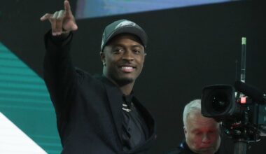 Apr 25, 2024; Detroit, MI, USA; Toledo Rockets cornerback Quinyon Mitchell reacts after being selected by the Philadelphia Eagles as the No. 22 pick in the first round of the 2024 NFL Draft at Campus Martius Park and Hart Plaza.