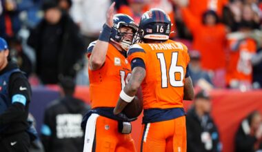 Nov 17, 2024; Denver, Colorado, USA; Denver Broncos wide receiver Troy Franklin (16) celebrates his touchdown with quarterback Bo Nix (10) in the second half against the Atlanta Falcons at Empower Field at Mile High.