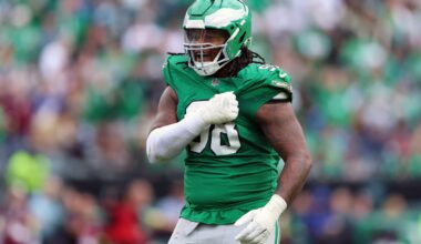 Oct 26, 2025; Philadelphia, Pennsylvania, USA; Philadelphia Eagles defensive tackle Jalen Carter (98) reacts in the third quarter against the New York Giants at Lincoln Financial Field.