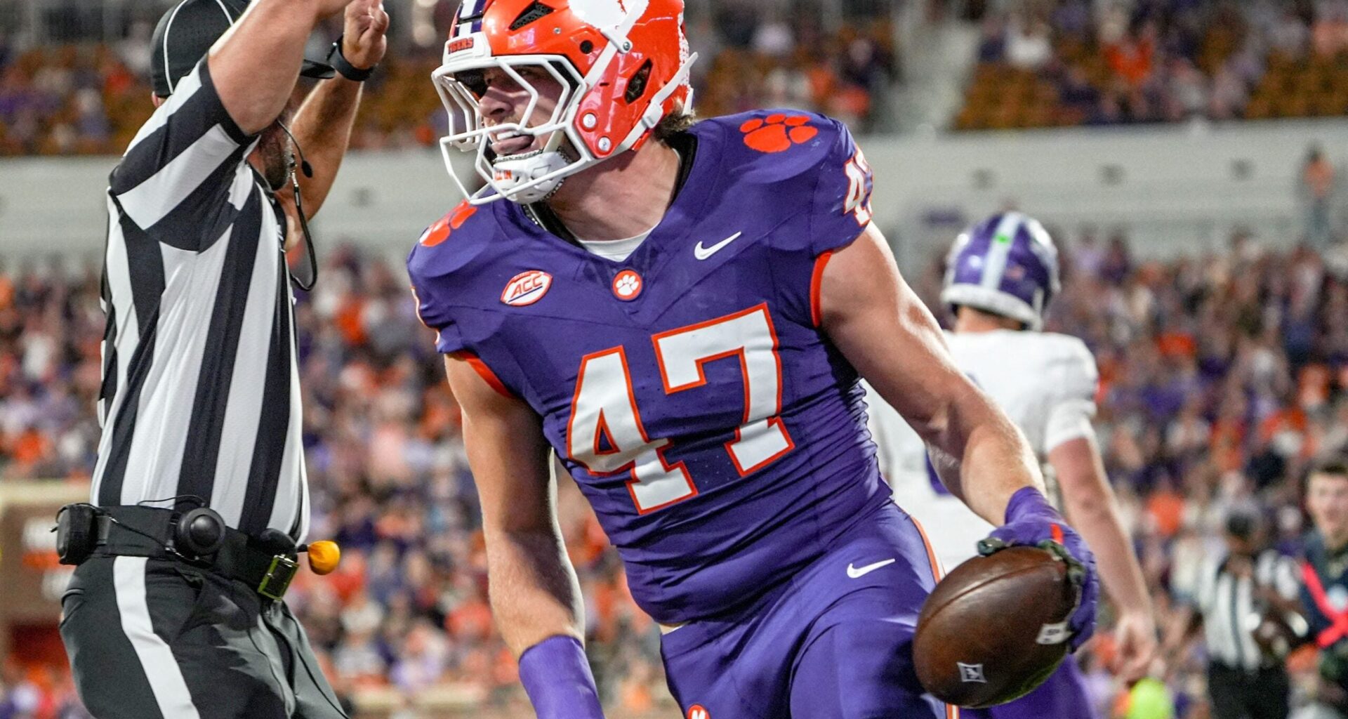 Clemson linebacker Sammy Brown (47) reacts after intercepting a pass against Furman during the second quarter at Memorial Stadium in Clemson, S.C. Saturday, November 22, 2025.