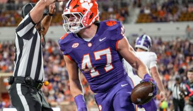 Clemson linebacker Sammy Brown (47) reacts after intercepting a pass against Furman during the second quarter at Memorial Stadium in Clemson, S.C. Saturday, November 22, 2025.