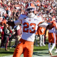 Nov 29, 2025; Columbia, South Carolina, USA; Clemson Tigers cornerback Ashton Hampton (23) celebrates an interception against the South Carolina Gamecocks in the second quarter at Williams-Brice Stadium.