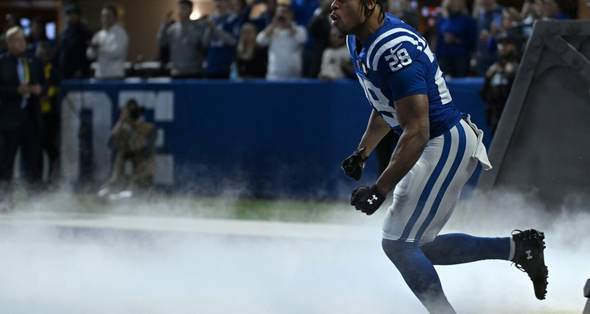 Nov 30, 2025; Indianapolis, Indiana, USA; Indianapolis Colts running back Jonathan Taylor (28) is introduced before a game against the Houston Texans at Lucas Oil Stadium.