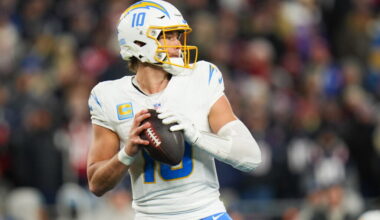Jan 11, 2026; Foxborough, MA, USA; Los Angeles Chargers quarterback Justin Herbert (10) looks to pass during the third quarter against the New England Patriots in an AFC Wild Card Round game at Gillette Stadium. Mandatory Credit: David Butler II-Imagn Images