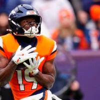 Jan 25, 2026; Denver, CO, USA; Denver Broncos wide receiver Marvin Mims Jr. (19) makes a catch against the New England Patriots during the first half in the 2026 AFC Championship Game at Empower Field at Mile High.