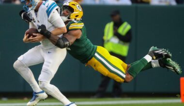 Green Bay Packers defensive end Micah Parsons (1) sacks Detroit Lions quarterback Jared Goff (16) on Sunday, September 7, 2025, at Lambeau Field in Green Bay, Wis. The Packers won the game, 27-13.