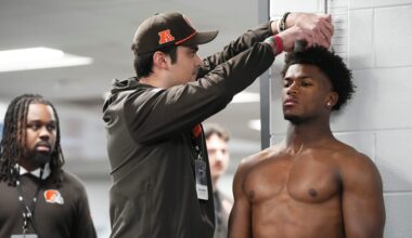 Ohio State Buckeyes defensive back Caleb Downs gets measured during Pro Day for NFL scouts at the Woody Hayes Athletics Center on March 25, 2026.