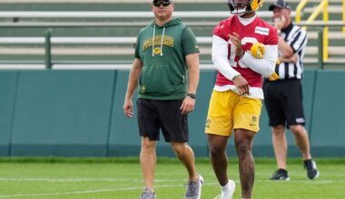 Green Bay Packers quarterback Kyron Drones (13) runs drills during the first day of a three-day minicamp at the Don Hutson Center in Ashwaubenon, Wisconsin on Tuesday, June 9, 2026.