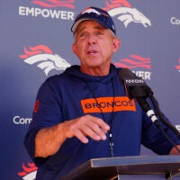 Jun 16, 2026; Englewood, CO, USA; Denver Broncos head coach Sean Payton speaks to the media following mini camp drills at Broncos Park.