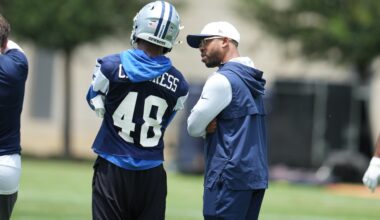 Jun 16, 2026; Dallas, TX, USA; Dallas Cowboys defensive coordinator Christian Parker speaks with cornerback Zion Childress (48) during practice at the Ford Center at the Star Training Facility in Frisco, Texas.