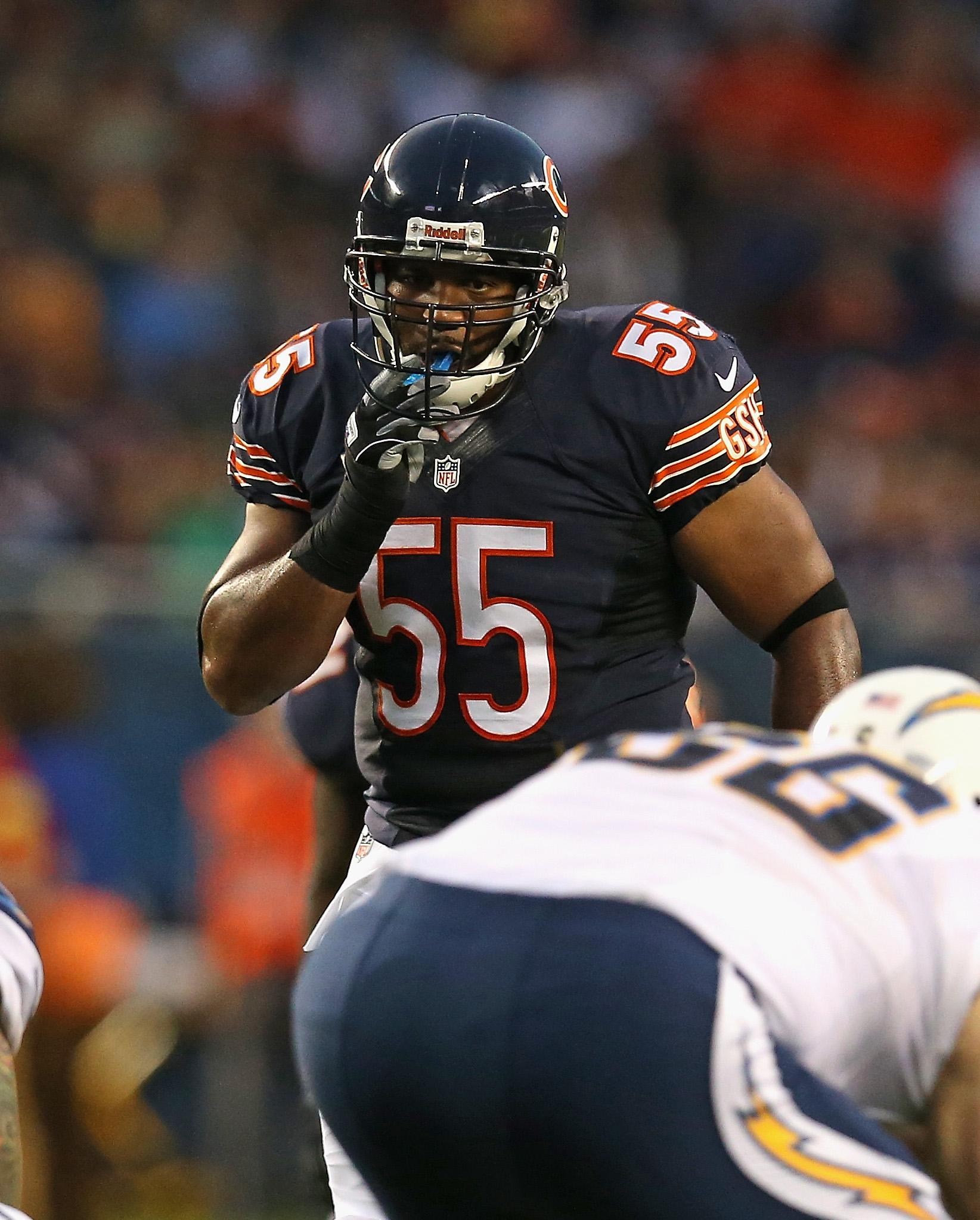 CHICAGO, IL - AUGUST 15: Lance Briggs #55 of the Chicago Bears waits for the snap against the San Diego Chargers at Soldier Field on August 15, 2013 in Chicago, Illinois. The Bears defeated the Chargers 33-28. (Photo by Jonathan Daniel/Getty Images)
