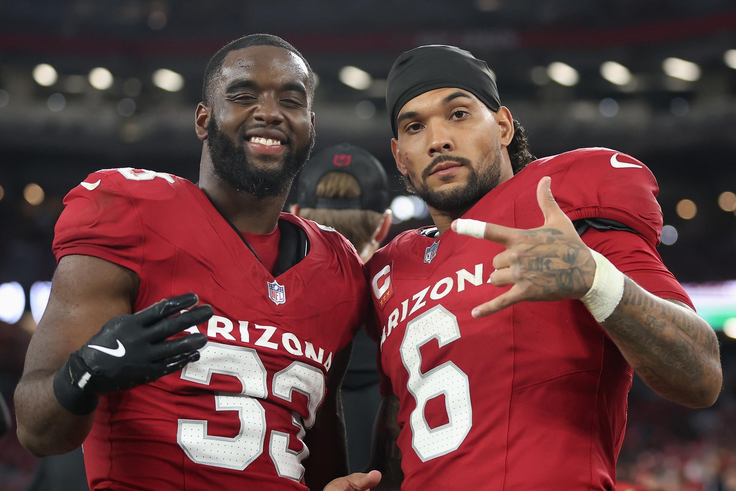 Trey Benson #33 and James Conner #6 of the Arizona Cardinals