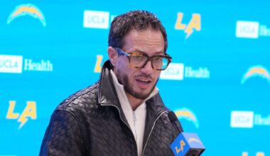 Los Angeles Chargers offensive coordinator Mike McDaniel speaks at introductory press conference at The Bolt.