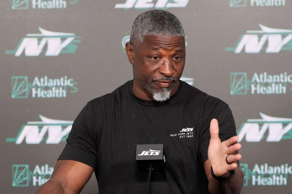 New York Jets head coach Aaron Glenn speaks to reporters.