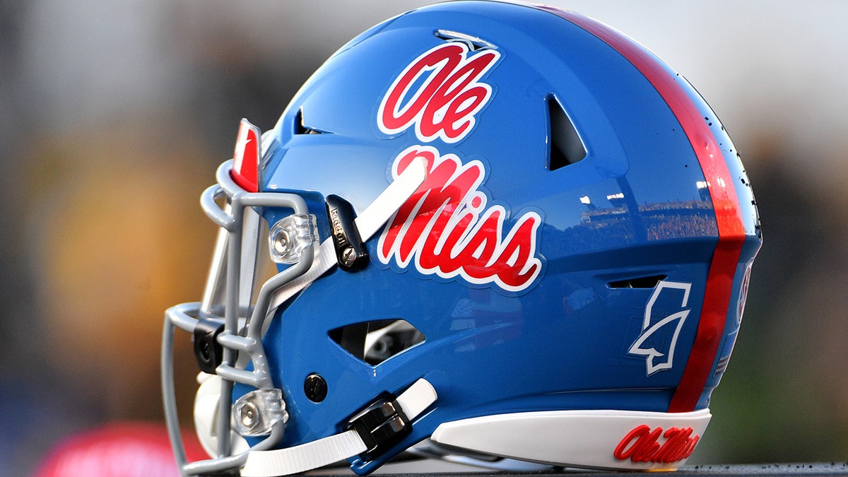 Mississippi Rebels helmet on the field during a game at Memorial Stadium Faurot Field in Columbia Missouri