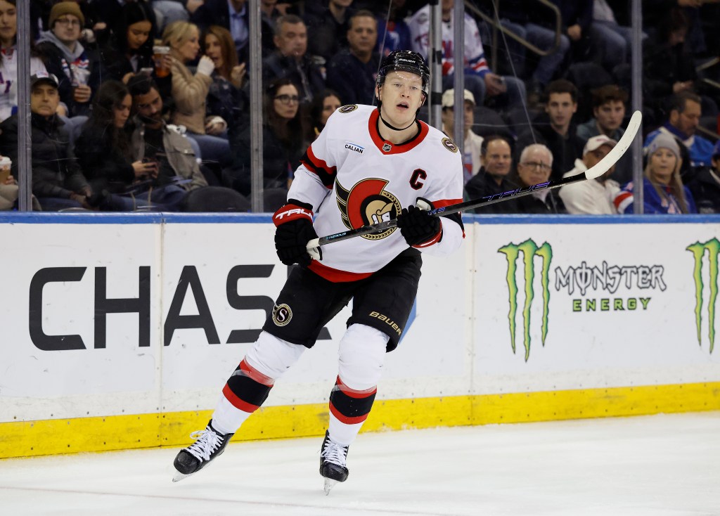 Ottawa Senators left wing Brady Tkachuk on the ice.