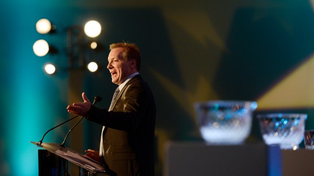 FILE - South Florida Sun Sentinel sports columnist Dave Hyde speaks during his induction into the Broward County Sports Hall of Fame at the Broward County Convention Center in Fort Lauderdale on Tuesday, Oct. 23, 2018. (Michael Laughlin/South Florida Sun Sentinel)