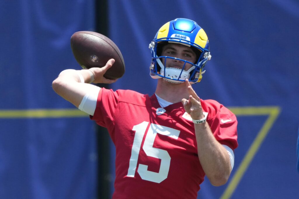 Los Angeles Rams quarterback Ty Simpson (15) throws the ball during organized team activities at Rams Practice Facility.