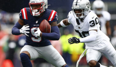 Foxborough, MA - September 7: New England Patriots wide receiver Kayshon Boutte makes a catch for a first down in the first quarter at Gillette Stadium on September 7, 2025.