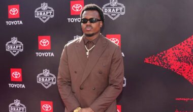 Apr 23, 2026; Pittsburgh, PA, USA; Miami Hurricanes defensive end Rueben Bain Jr. poses on the red carpet before the 2026 NFL Draft at Point State Park. Mandatory Credit: Kirby Lee-Imagn Images