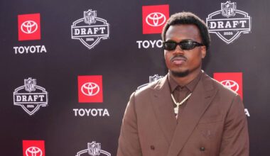 Apr 23, 2026; Pittsburgh, PA, USA; Miami Hurricanes defensive end Rueben Bain Jr. poses on the red carpet before the 2026 NFL Draft at Point State Park. Mandatory Credit: Kirby Lee-Imagn Images