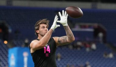 Feb 27, 2026; Indianapolis, IN, USA; Michigan tight end Marlin Klein (TE14) during the NFL Scouting Combine at Lucas Oil Stadium. Mandatory Credit: Kirby Lee-Imagn Images