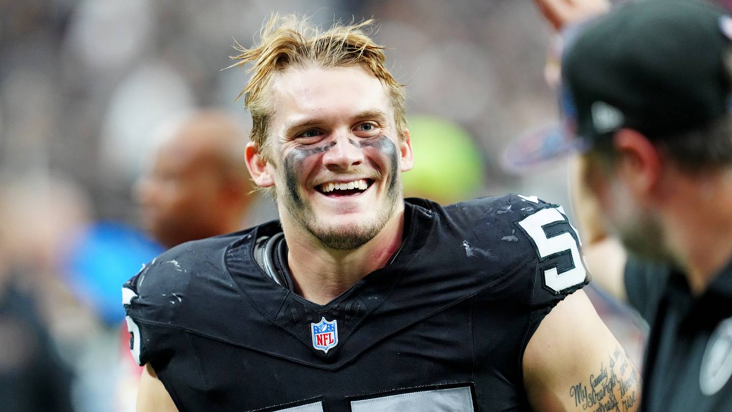 Las Vegas Raiders linebacker Cody Lindenberg reacts after the game against the Tennessee Titans at Allegiant Stadium.