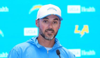 Aug 7, 2025; El Segundo, CA, USA; Los Angeles Chargers defensive coordinator Jesse Minter at press conference during training camp at The Bolt. Mandatory Credit: Kirby Lee-Imagn Images