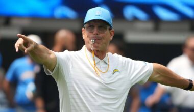 Aug 10, 2025; Inglewood, California, USA; Los Angeles Chargers coach Jim Harbaugh reacts during the game against the New Orleans Saints at SoFi Stadium. Mandatory Credit: Kirby Lee-Imagn Images