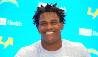 Jul 21, 2025; El Segundo, CA, USA; Los Angeles Chargers linebacker Junior Colson at training camp press conference  at The Bolt. Mandatory Credit: Kirby Lee-Imagn Images
