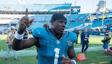 Former Jacksonville Jaguars, now New Orleans Saints running back Travis Etienne Jr. runs off the field