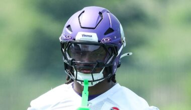 Jun 10, 2025; Minneapolis, MN, USA; Minnesota Vikings linebacker Dallas Turner (15) looks on during minicamp at the Minnesota Vikings Training Facility. Mandatory Credit: Matt Krohn-Imagn Images