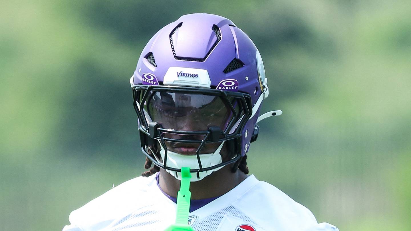 Jun 10, 2025; Minneapolis, MN, USA; Minnesota Vikings linebacker Dallas Turner (15) looks on during minicamp at the Minnesota Vikings Training Facility. Mandatory Credit: Matt Krohn-Imagn Images
