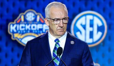 Jul 20, 2026; Tampa, FL, USA; SEC Commissioner Greg Sankey speaks to the press during SEC Football Kickoff Media Day at the Tampa Marriott. Mandatory Credit: Nathan Ray Seebeck-Imagn Images