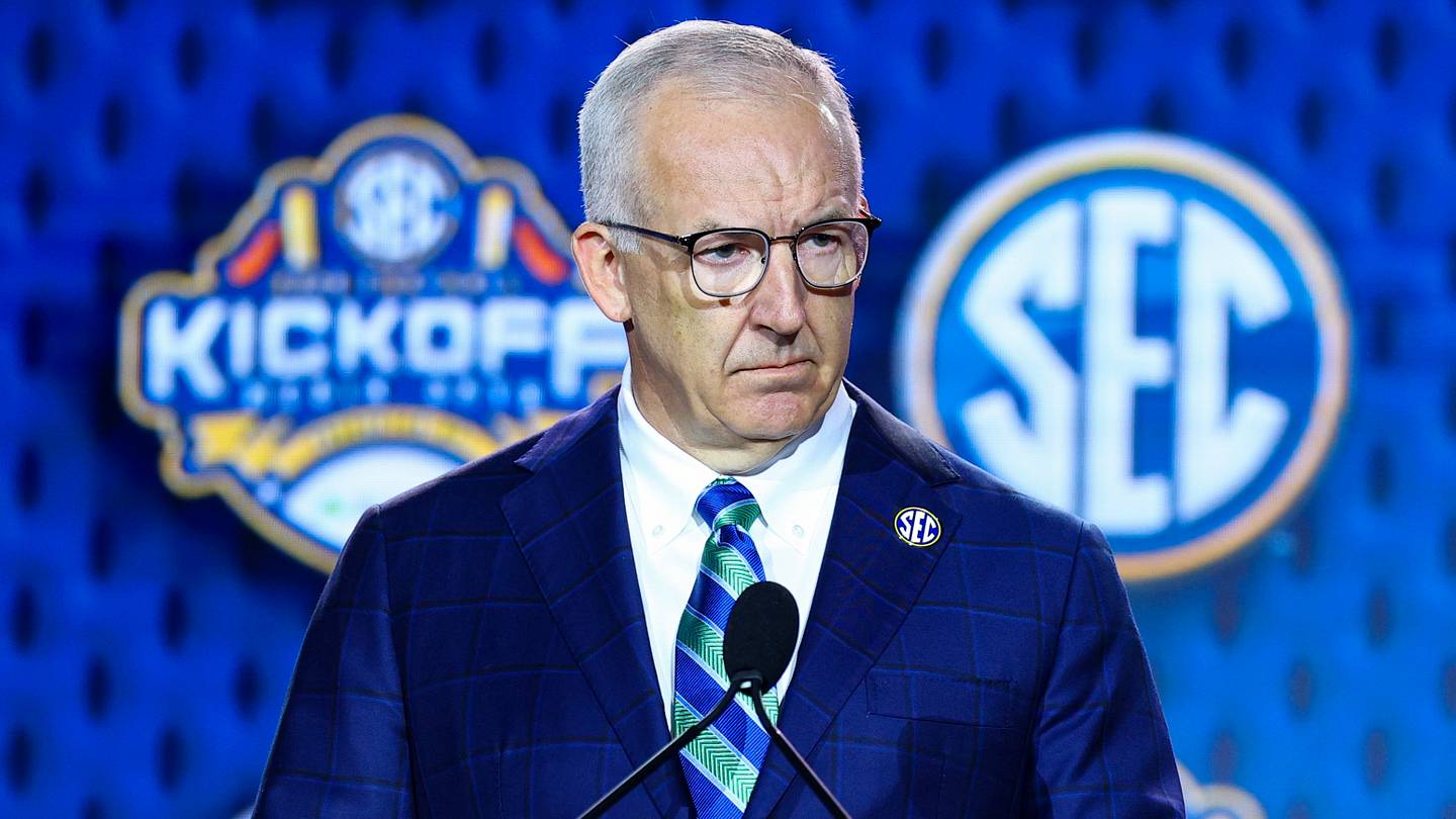 Jul 20, 2026; Tampa, FL, USA; SEC Commissioner Greg Sankey speaks to the press during SEC Football Kickoff Media Day at the Tampa Marriott. Mandatory Credit: Nathan Ray Seebeck-Imagn Images