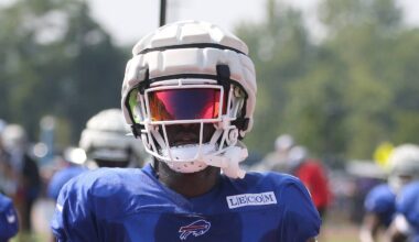 Bills defensive back Kaiir Elam leads the way as the defense moves to the back field for drills during day seven of the Buffalo Bills training camp at St. John Fisher University in Pittsford, Thursday, Aug. 1, 2024.