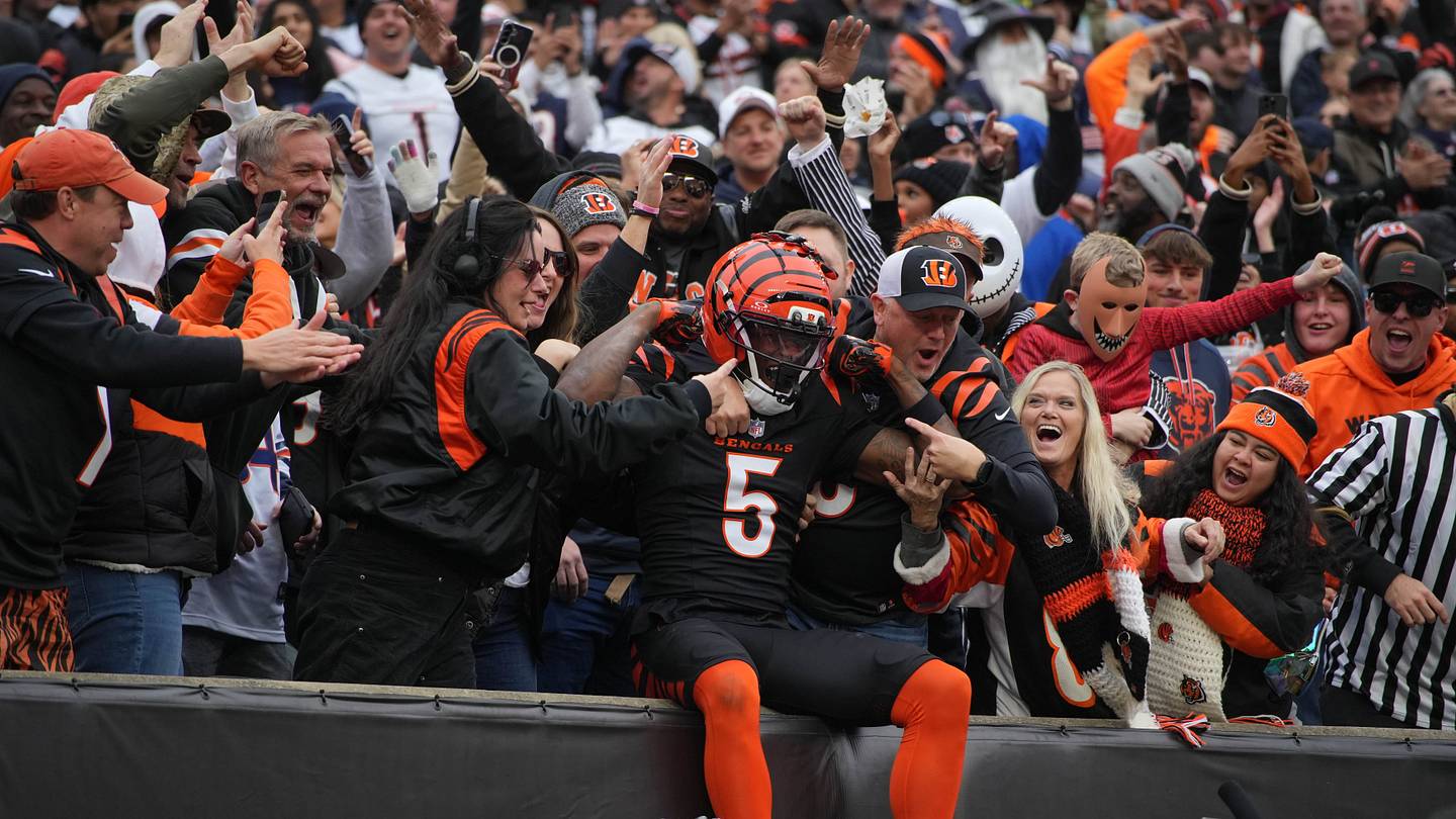 Bengals Tee Higgins (5) celebrates a touchdown with fans during their game against the Bears at Paycor Stadium on Sunday November 2, 2025.