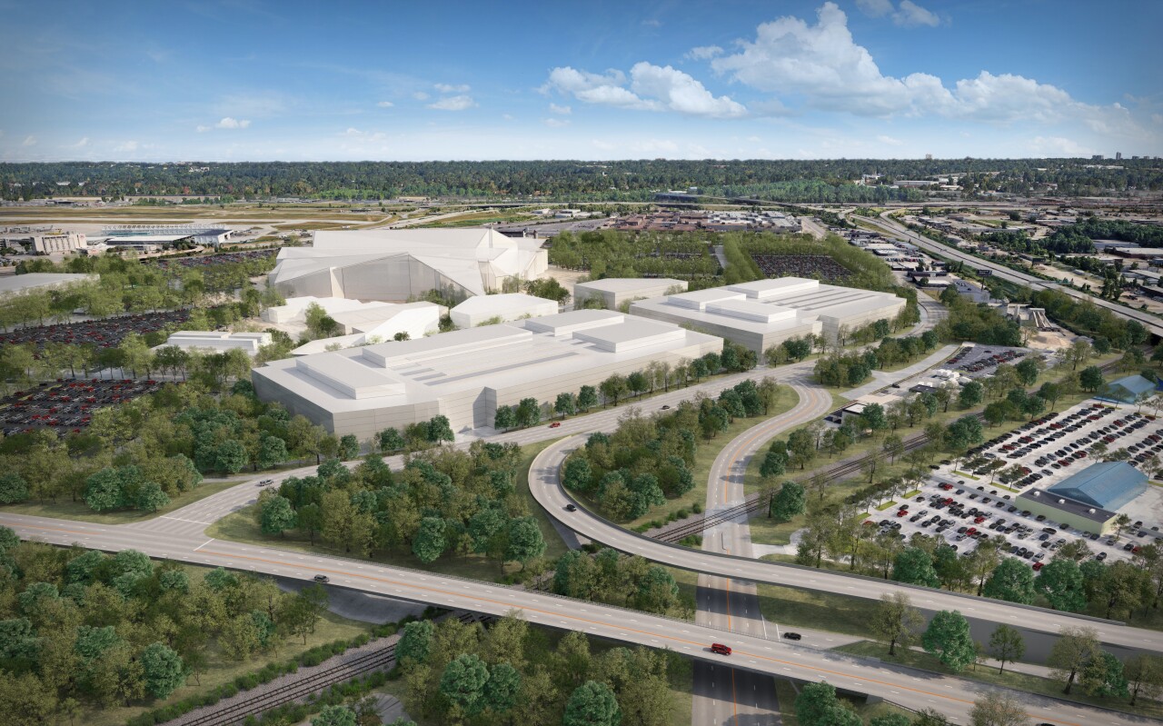 A massing image shows the scope and layout of the proposed Browns stadium development in Brook Park, with reconfigured roads around it.
