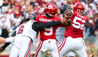 Oct 19, 2024; Norman, Oklahoma, USA; South Carolina Gamecocks edge Dylan Stewart (6) hits Oklahoma Sooners quarterback Michael Hawkins Jr. (9) and causes an interception during the first half at Gaylord Family-Oklahoma Memorial Stadium.