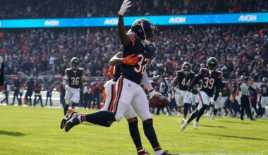 Nov 17, 2024; Chicago, Illinois, USA; Chicago Bears cornerback Terell Smith (32) celebrates his interception against the Green Bay Packers during the first half at Soldier Field.