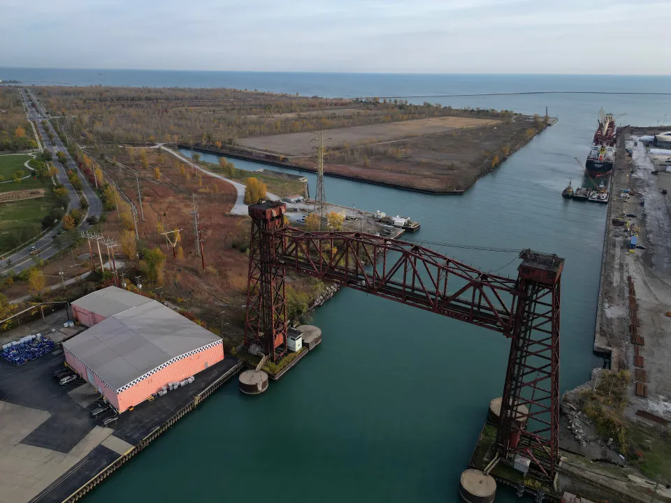 An empty parcel of land, top, is all that remains of the former U.S. Steel South Works site on Oct. 22, 2024