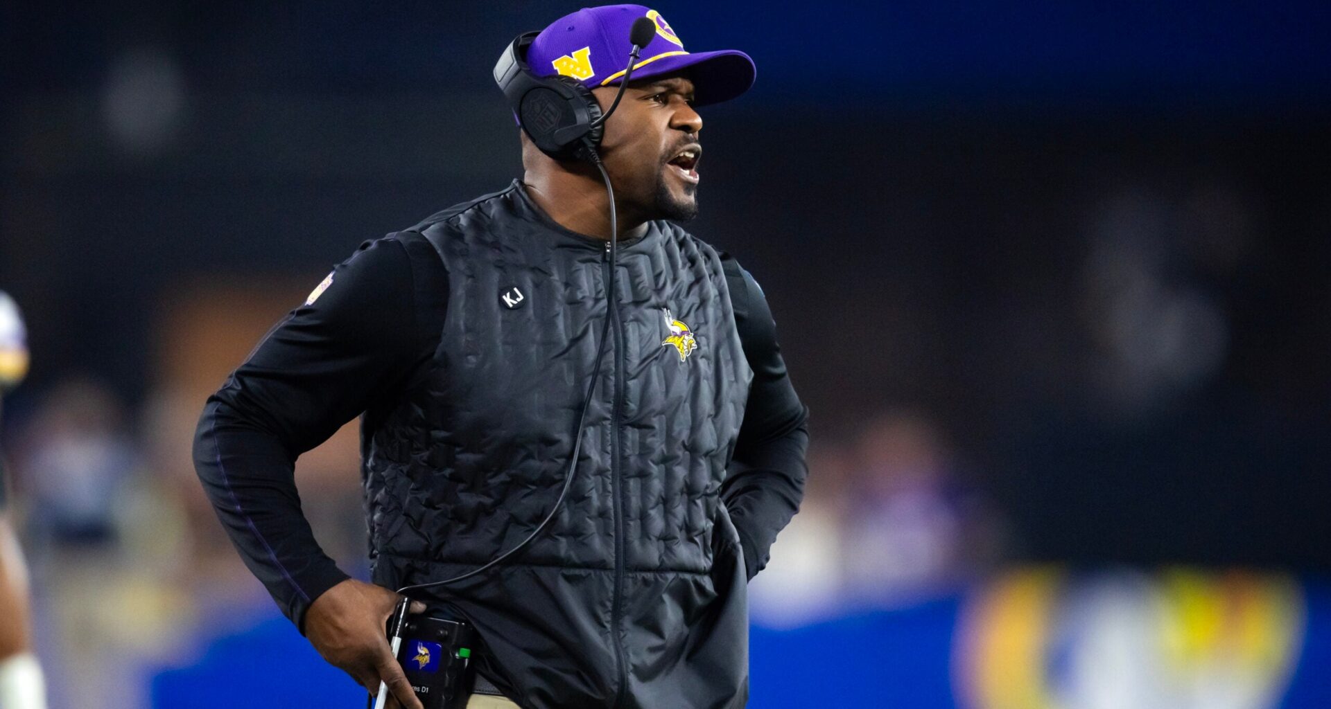 Jan 13, 2025; Glendale, AZ, USA; Minnesota Vikings defensive coordinator Brian Flores against the Los Angeles Rams during an NFC wild card game at State Farm Stadium.